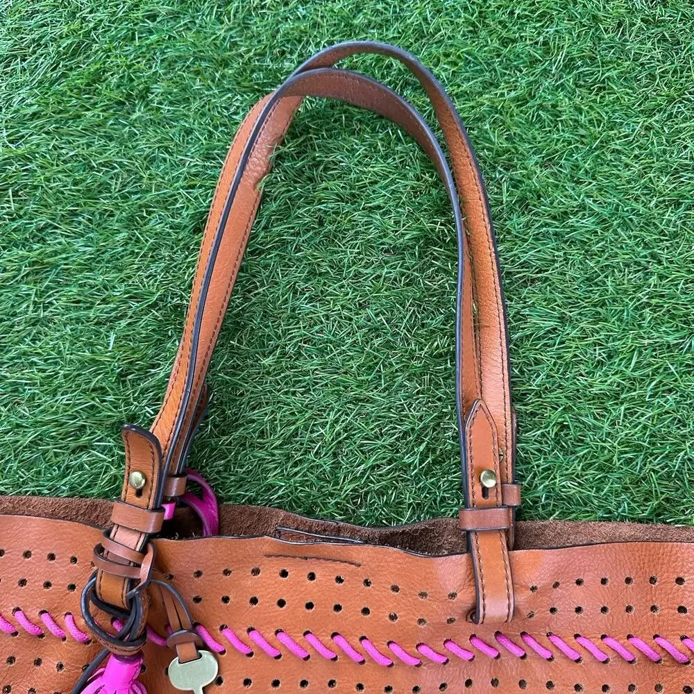 Vintage Fossil Rachel Large Tot Brown Whipstitched Leather Tassels Bag Key Pouch